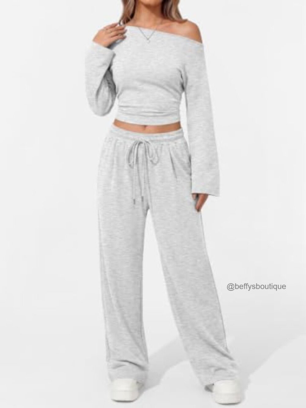 Womens Cotton Spandex Off Shoulder Ruched Top Wide Leg Pant Lounge Set - Picture 2 of 5